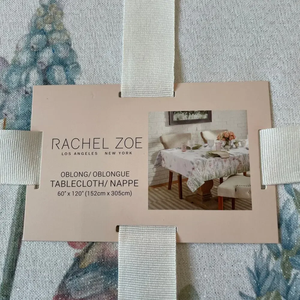 RACHEL ZOE Spring Tablecloth 60x120 Floral Bunnies Silver Glitter NEW